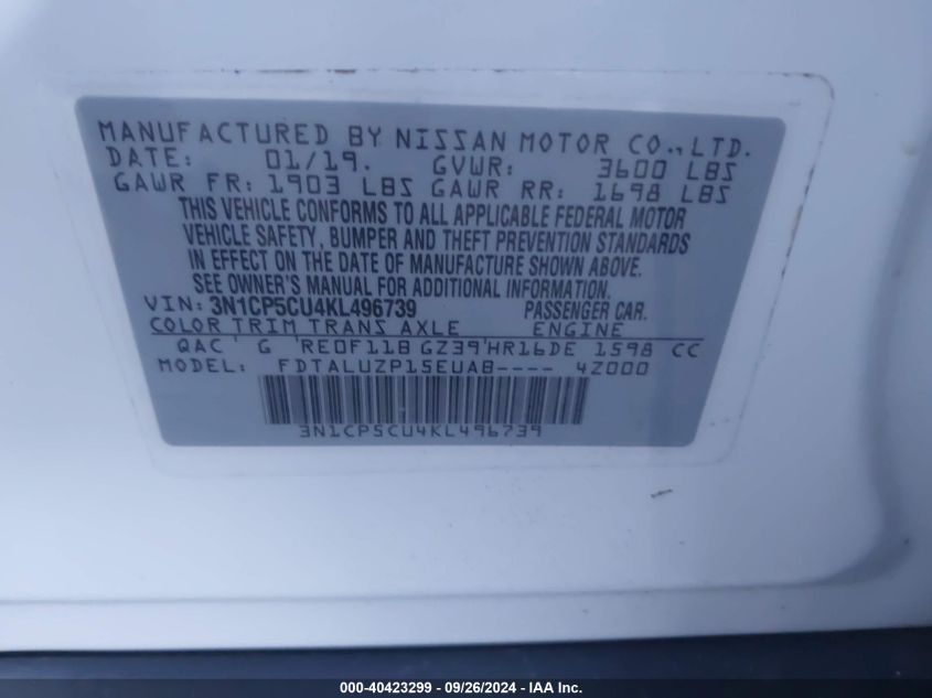 3N1CP5CU4KL496739 2019 Nissan Kicks Sr