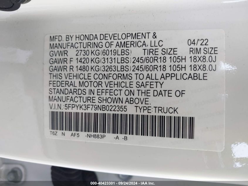2022 Honda Ridgeline Rtl-E VIN: 5FPYK3F79NB022355 Lot: 40423301