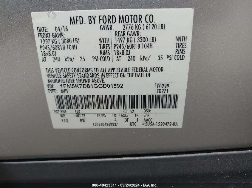 1FM5K7D81GGD01592 2016 Ford Explorer Xlt