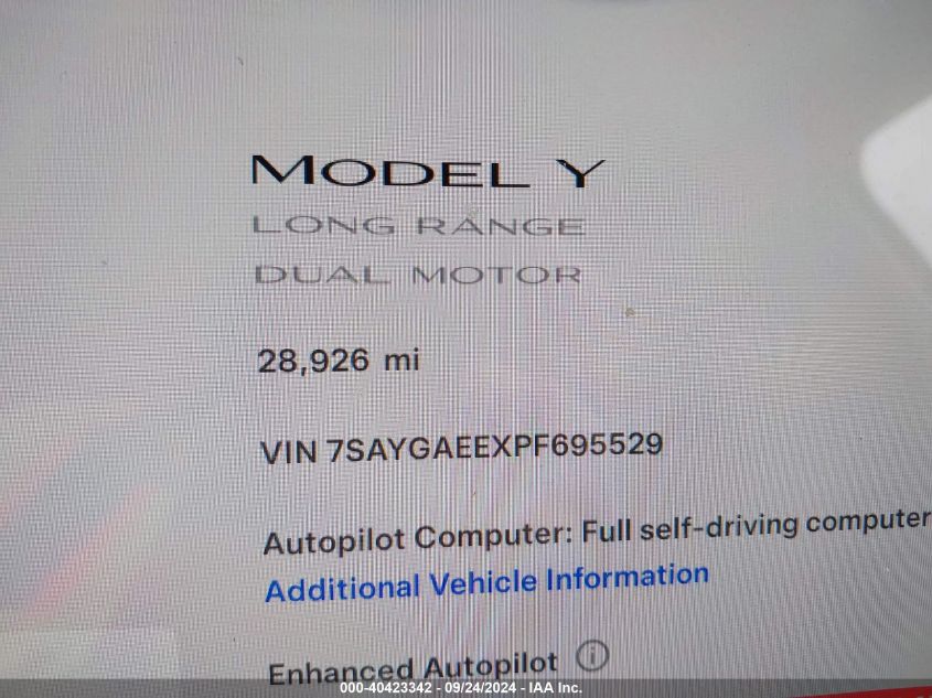 2023 Tesla Model Y Awd/Long Range Dual Motor All-Wheel Drive VIN: 7SAYGAEEXPF695529 Lot: 40423342