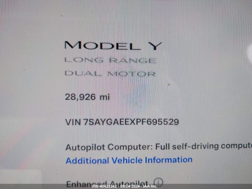 2023 Tesla Model Y Awd/Long Range Dual Motor All-Wheel Drive VIN: 7SAYGAEEXPF695529 Lot: 40423342