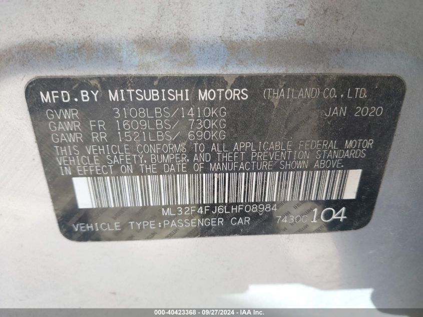 ML32F4FJ6LHF08984 2020 Mitsubishi Mirage G4 Le