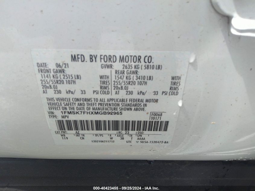 1FMSK7FHXMGB92965 2021 Ford Explorer Limited