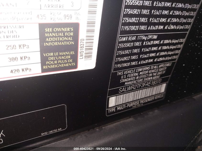 2015 Land Rover Range Rover Sport 5.0L V8 Supercharged VIN: SALWR2TF3FA518370 Lot: 40423521