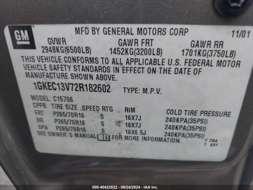 1GKEC13V72R182602 2002 GMC Yukon Sle