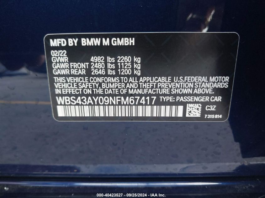 WBS43AY09NFM67417 2022 BMW M3 Competition xDrive