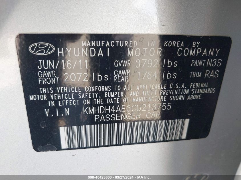 2012 Hyundai Elantra Limited (Ulsan Plant) VIN: KMHDH4AE3CU213755 Lot: 40423600