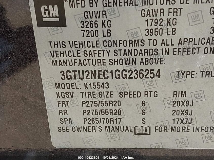 3GTU2NEC1GG236254 2016 GMC Sierra 1500 K1500 Slt