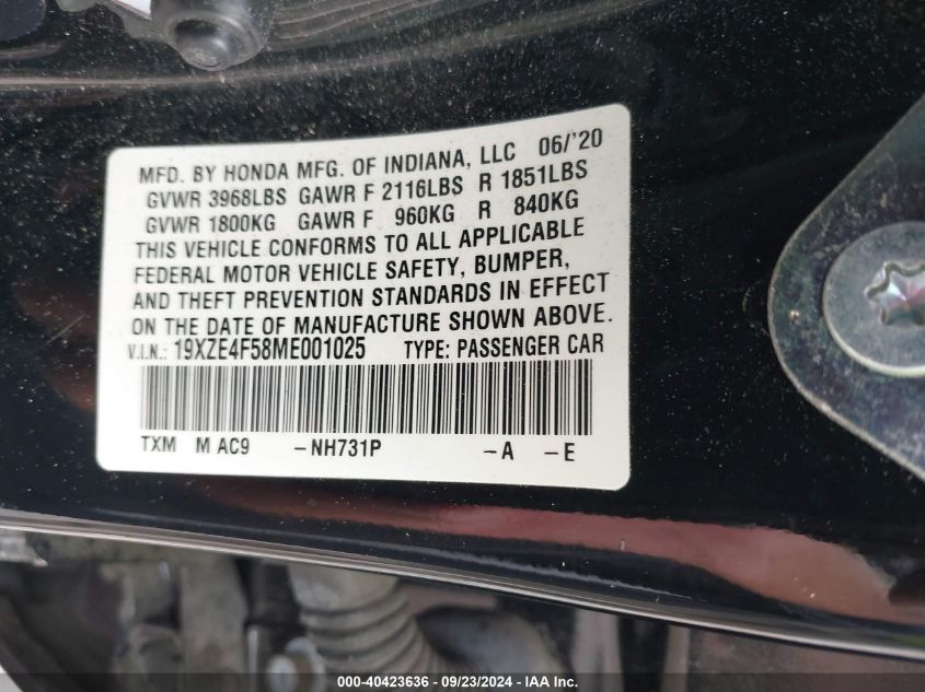 2021 Honda Insight Ex VIN: 19XZE4F58ME001025 Lot: 40423636