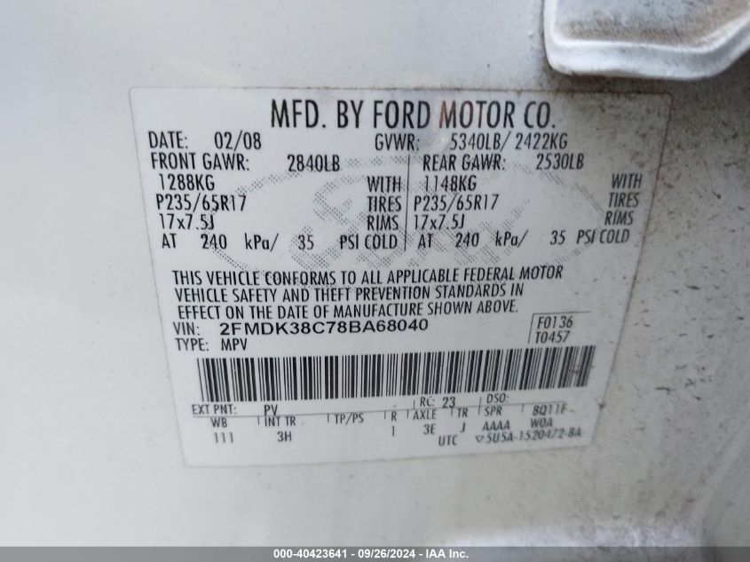 2FMDK38C78BA68040 2008 Ford Edge Sel