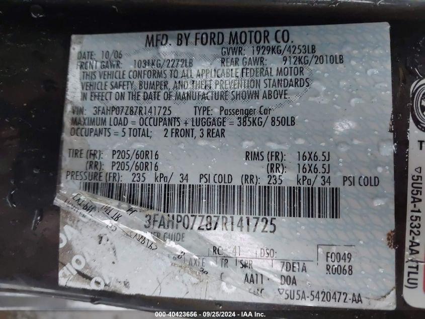 2007 Ford Fusion Se VIN: 3FAHP07Z87R141725 Lot: 40423656