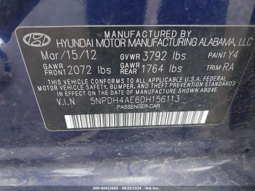 2013 Hyundai Elantra Gls VIN: 5NPDH4AE6DH156113 Lot: 40423665