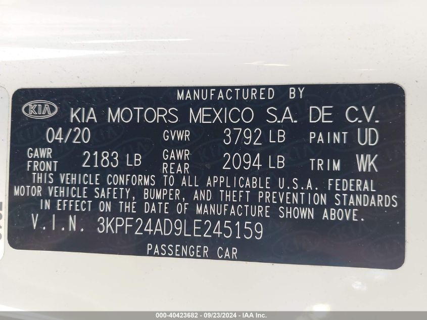 2020 Kia Forte Lxs VIN: 3KPF24AD9LE245159 Lot: 40423682