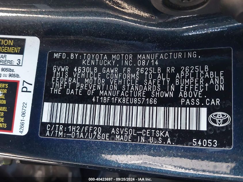 2014 Toyota Camry Se VIN: 4T1BF1FK8EU857166 Lot: 40423697