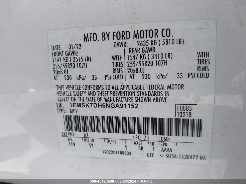 1FMSK7DH6NGA91152 2022 Ford Explorer Xlt