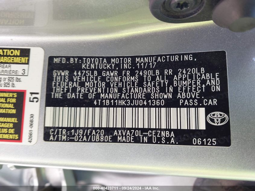 4T1B11HK3JU041360 2018 Toyota Camry L/Le/Xle/Se/Xse