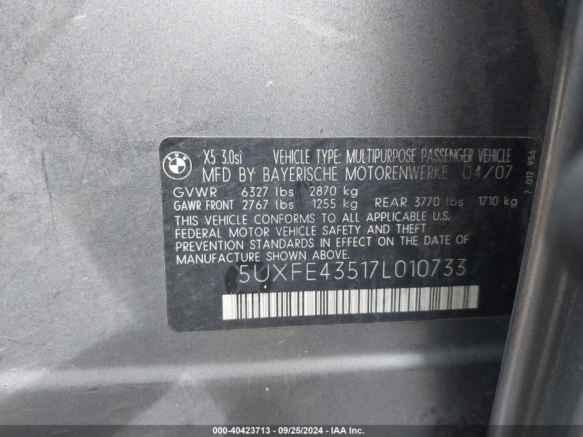 5UXFE43517L010733 2007 BMW X5 3.0Si
