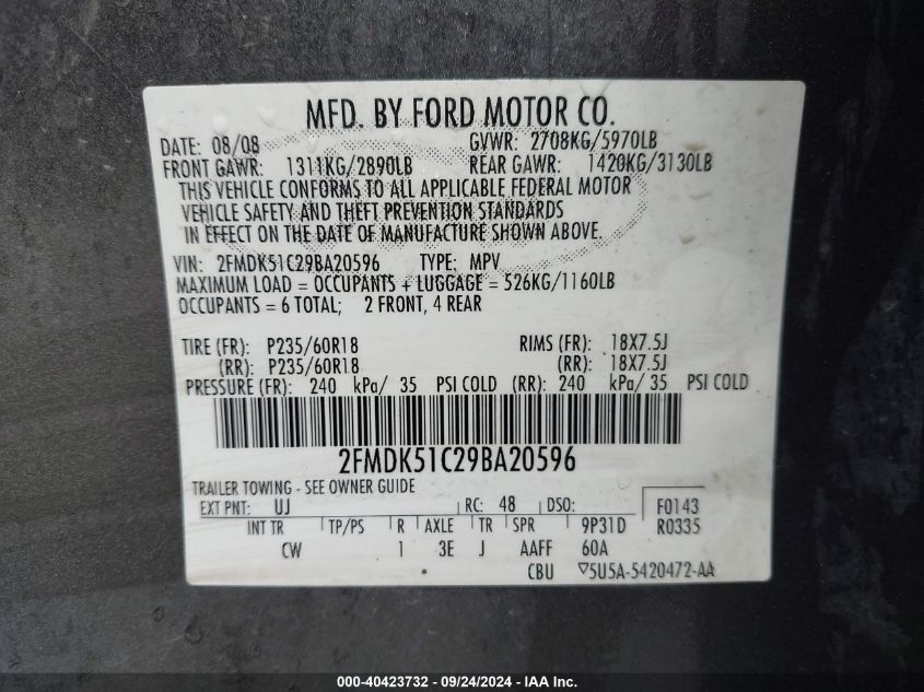 2FMDK51C29BA20596 2009 Ford Flex Se