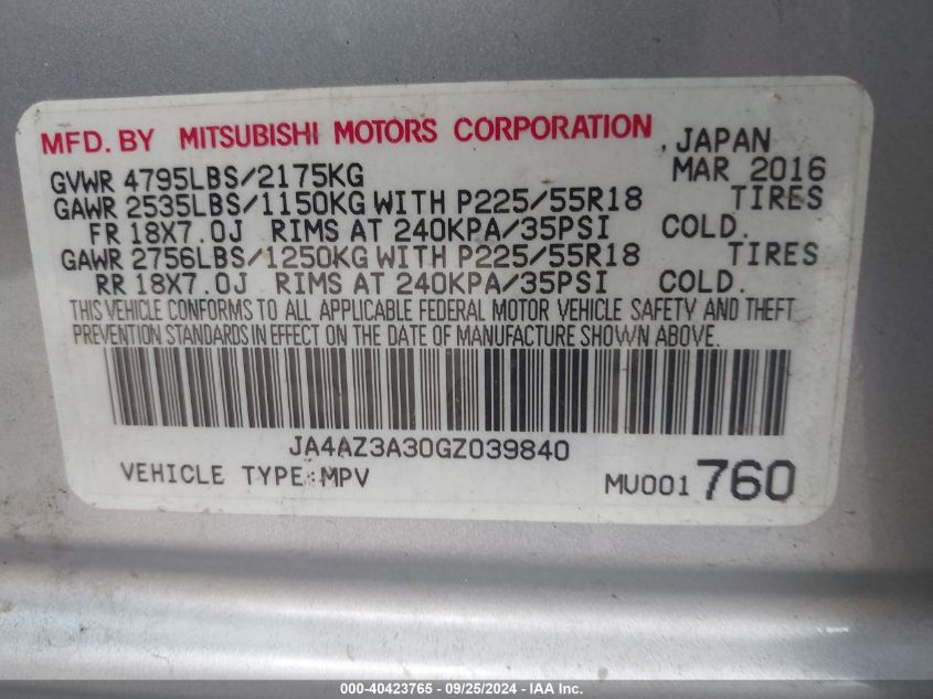 JA4AZ3A30GZ039840 2016 Mitsubishi Outlander Es