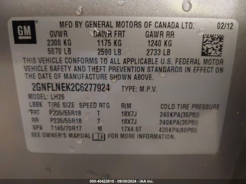 2GNFLNEK2C6277924 2012 Chevrolet Equinox 2Lt