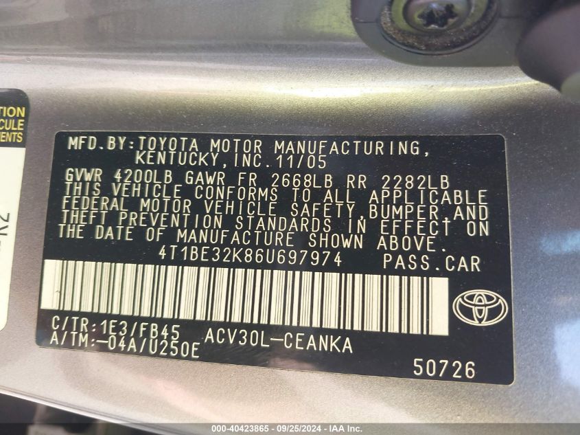 4T1BE32K86U697974 2006 Toyota Camry Le