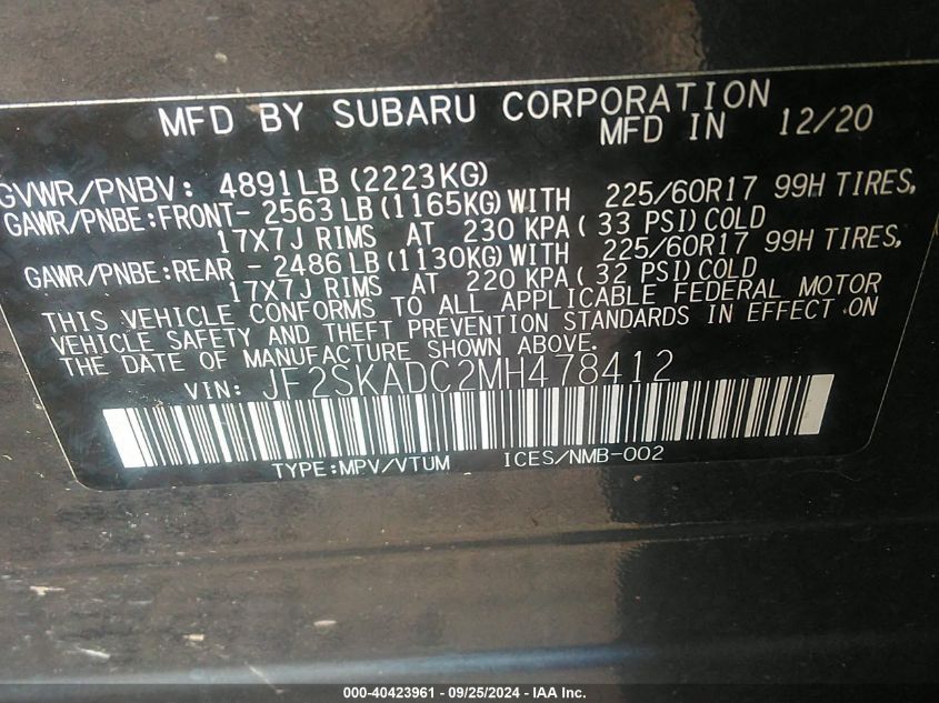 2021 Subaru Forester VIN: JF2SKADC2MH478412 Lot: 40423961