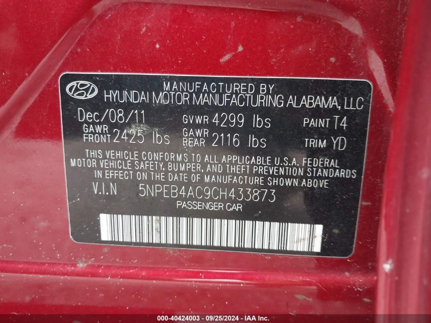 5NPEB4AC9CH433873 2012 Hyundai Sonata Gls