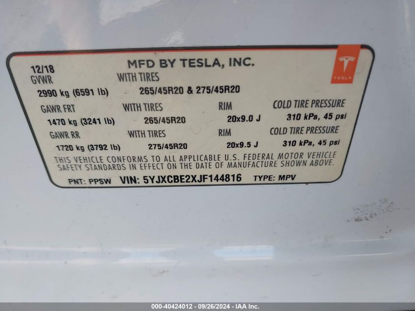 2018 Tesla Model X VIN: 5YJXCBE2XJF144816 Lot: 40424012