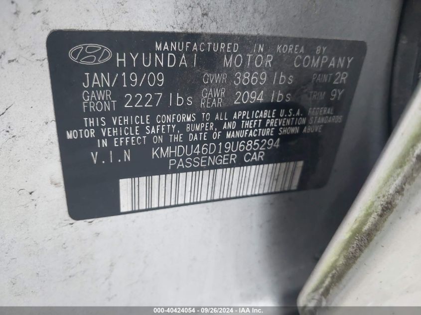 2009 Hyundai Elantra Gls VIN: KMHDU46D19U685294 Lot: 40424054