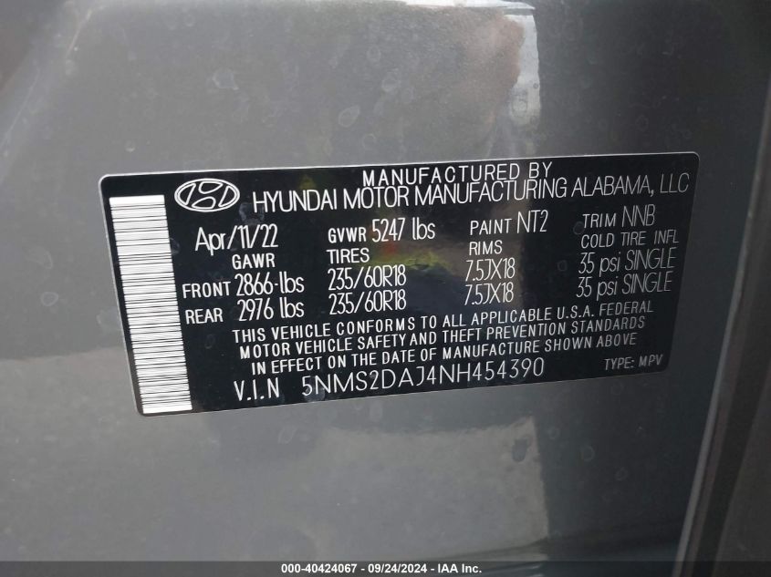 2022 Hyundai Santa Fe Sel VIN: 5NMS2DAJ4NH454390 Lot: 40424067