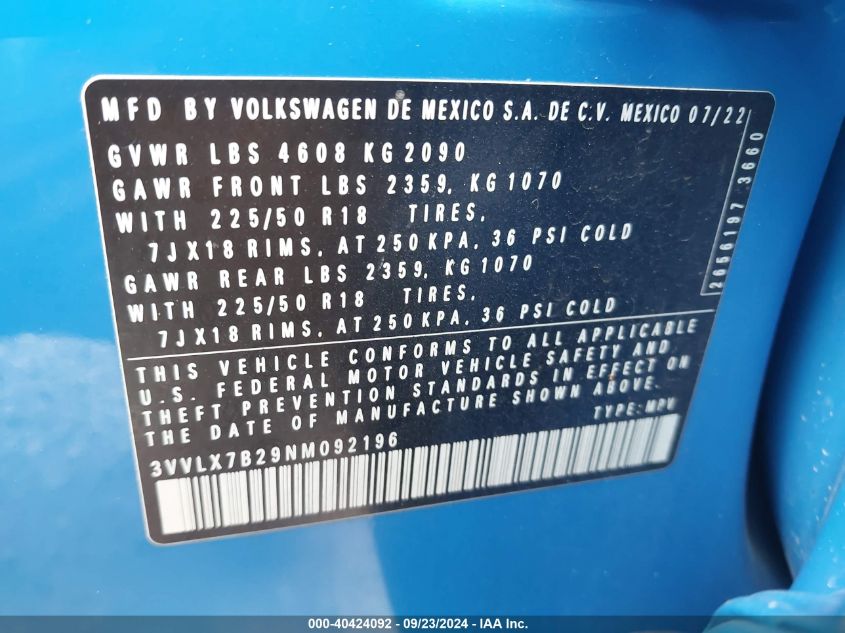 3VVLX7B29NM092196 2022 Volkswagen Taos 1.5T Se