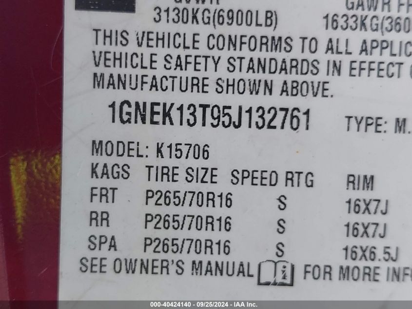 2005 Chevrolet Tahoe Ls VIN: 1GNEK13T95J132761 Lot: 40424140