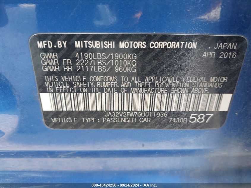 JA32V2FW7GU011936 2016 Mitsubishi Lancer Se/Es/Sel