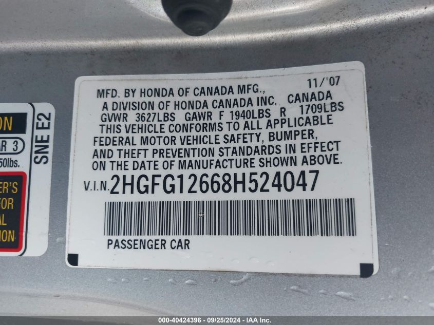 2008 Honda Civic Lx VIN: 2HGFG12668H524047 Lot: 40424396