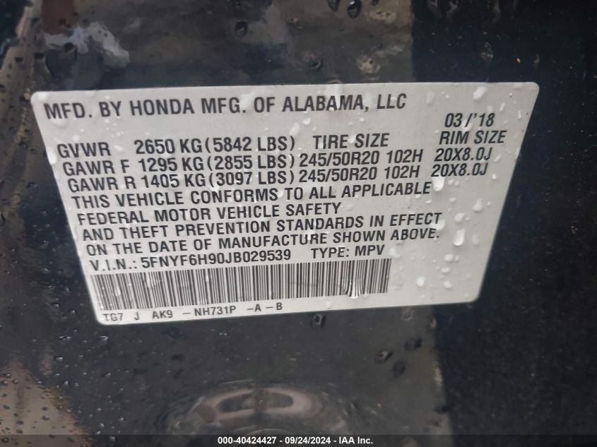 5FNYF6H90JB029539 2018 Honda Pilot Touring