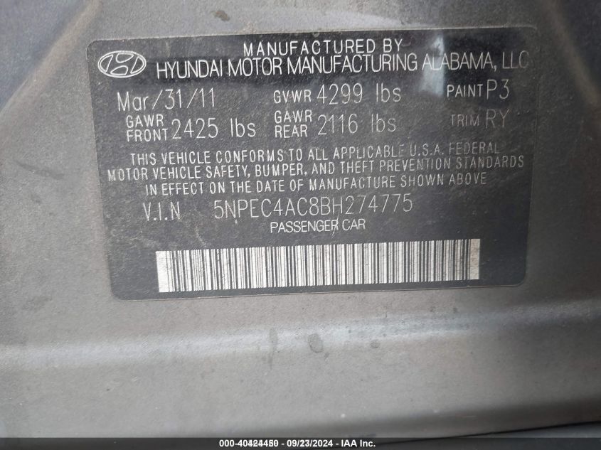 5NPEC4AC8BH274775 2011 Hyundai Sonata Limited