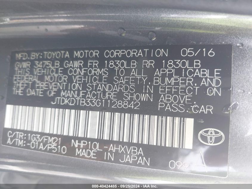 JTDKDTB33G1128842 2016 Toyota Prius C Two