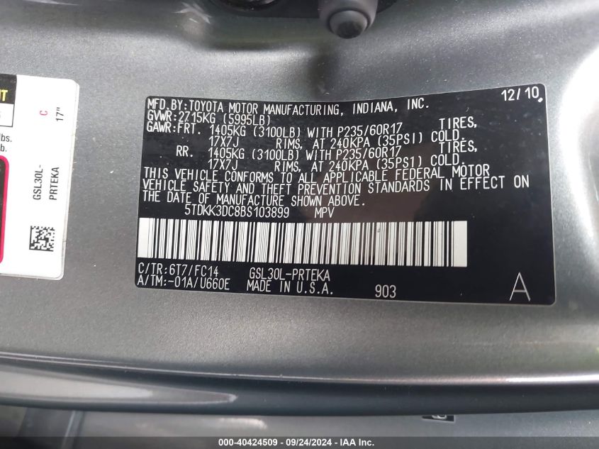 5TDKK3DC8BS103899 2011 Toyota Sienna Le