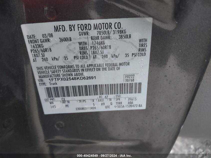 2008 Ford F-150 Fx2/Xlt VIN: 1FTPX02548KD62691 Lot: 40424549