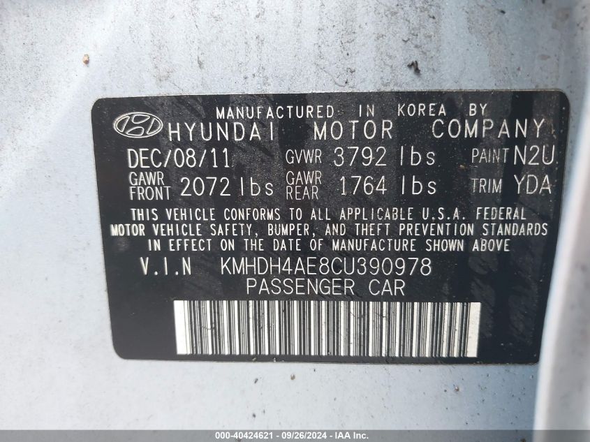 2012 Hyundai Elantra Limited (Ulsan Plant) VIN: KMHDH4AE8CU390978 Lot: 40424621