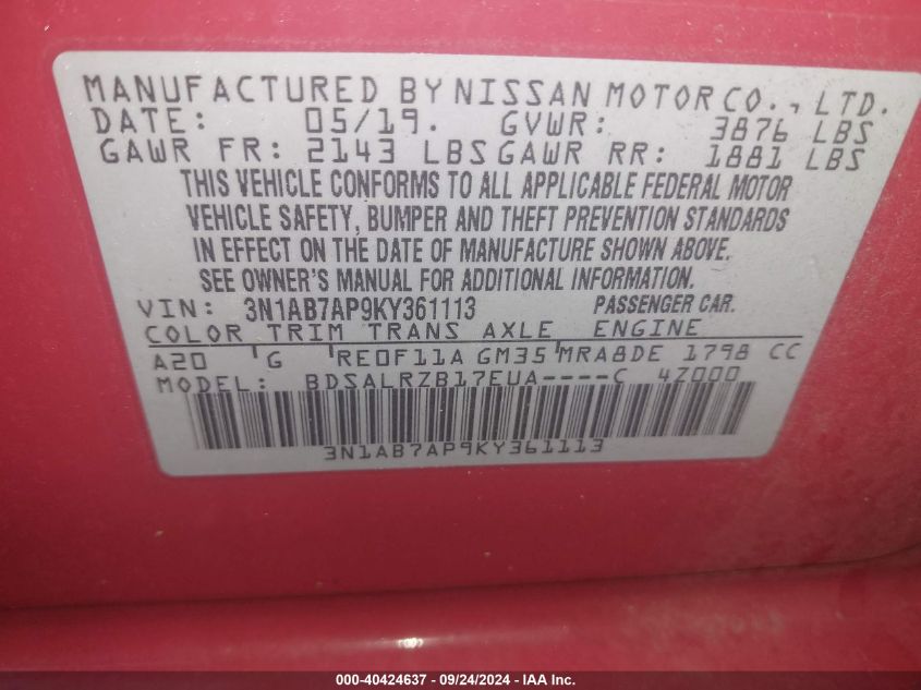 3N1AB7AP9KY361113 2019 Nissan Sentra S/Sv/Sr/Sl