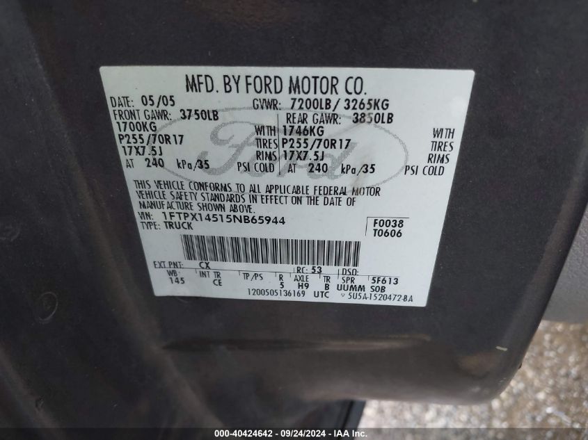 1FTPX14515NB65944 2005 Ford F-150 Fx4/Lariat/Xl/Xlt