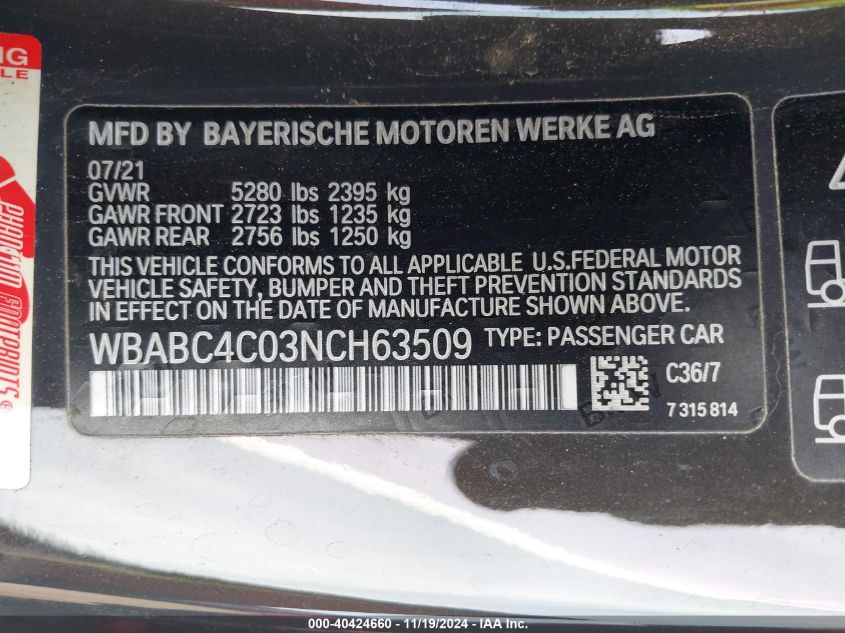 2022 BMW M850I xDrive VIN: WBABC4C03NCH63509 Lot: 40424660