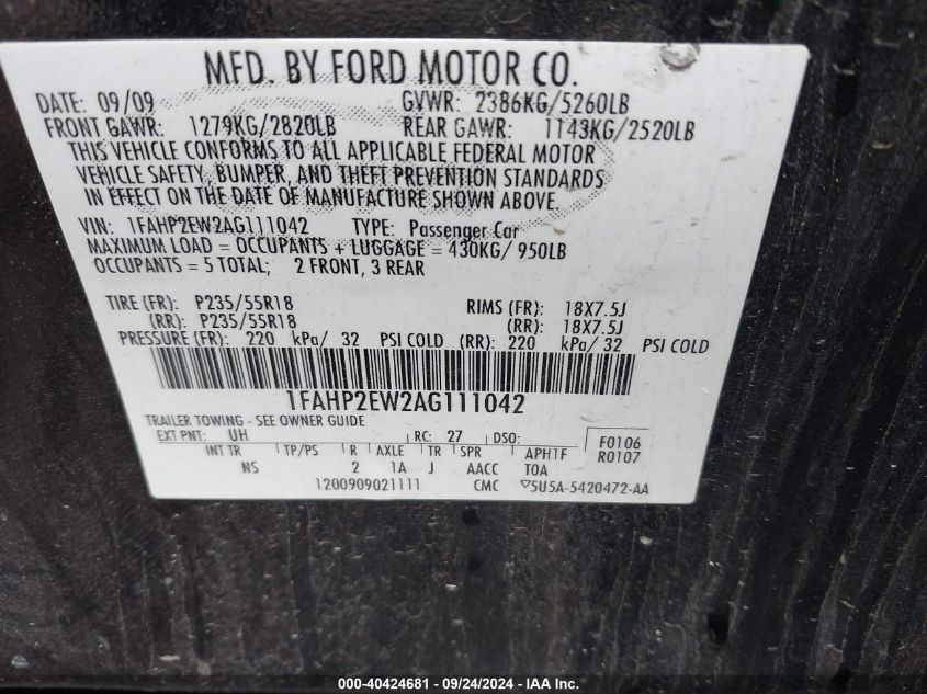 2010 Ford Taurus Sel VIN: 1FAHP2EW2AG111042 Lot: 40424681