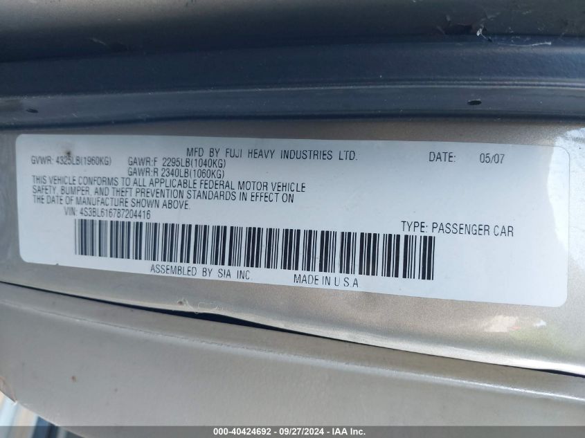 4S3BL616787204416 2008 Subaru Legacy 2.5I