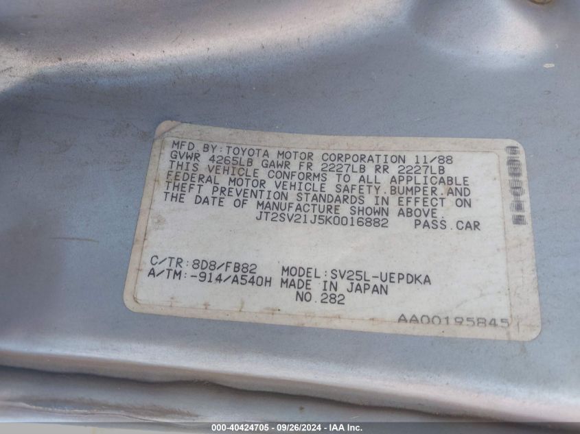 JT2SV21J5K0016882 1989 Toyota Camry Dlx