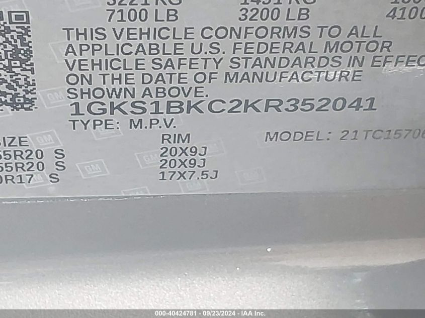 2019 GMC Yukon Slt VIN: 1GKS1BKC2KR352041 Lot: 40424781