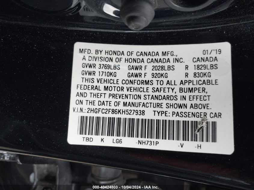 2HGFC2F86KH527938 2019 Honda Civic Sport