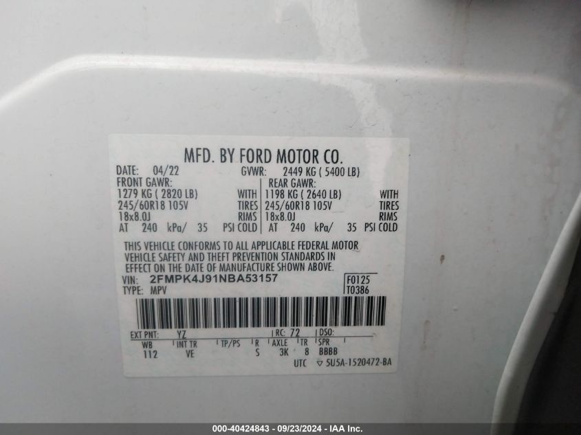 2022 Ford Edge Sel VIN: 2FMPK4J91NBA53157 Lot: 40424843