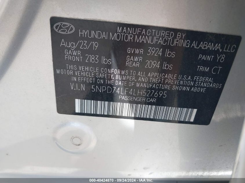 2020 Hyundai Elantra Se VIN: 5NPD74LF4LH527695 Lot: 40424870